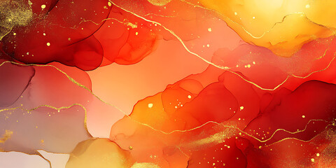 Poster - Abstract red orange watercolor ink fluid art with gold texture background