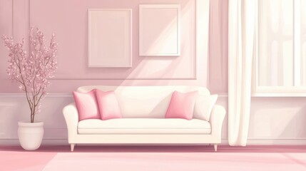 Poster - Pastel girly room with simple sofa with decorative pillows illustration , no logos, no brands