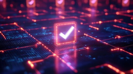 Poster - A futuristic digital interface featuring a glowing checkmark symbol amidst a vibrant network of interconnected grids.