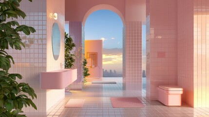 Poster - Modern Pink Bathroom Interior with Sunset View and Decorative Plants