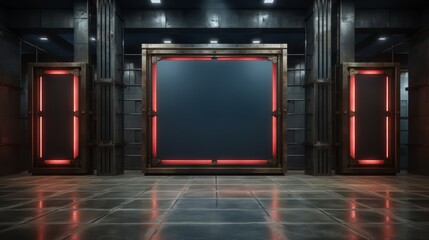 Aufkleber - Room with three doors and a large black screen. The room is empty and the only light source is the screen