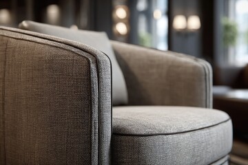 Poster - Close-up detail of a modern gray armchair with textured fabric, showcasing comfort and sophisticated design in a contemporary living space with blurred background.