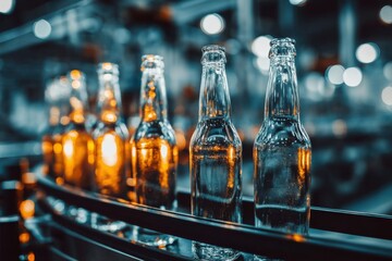Poster - Beer bottles moving on a conveyor belt in a brewery, ready for packaging, highlighting the streamlined efficiency of beverage production and the beverage industry.