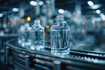 Poster - Water bottles moving on a conveyor belt in a bottling plant, clean and hygienic process. Automated production line with blue tones in a modern factory.