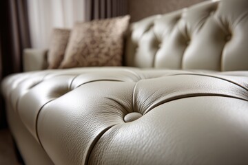 Poster - Close-up on a luxurious beige leather sofa, showcasing intricate button details, a comfortable cushion, and a blurred background suggesting an elegant living room interior.