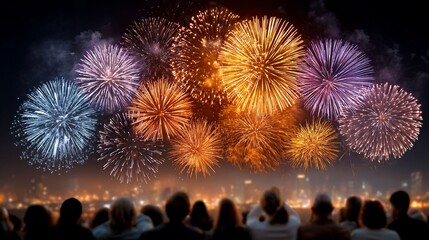 Vibrant fireworks illuminate a mesmerized crowd