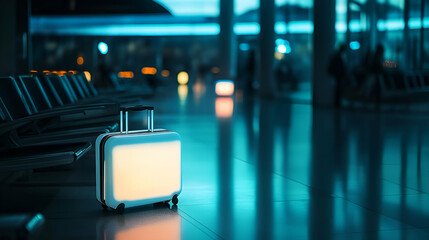 Poster - Glowing Suitcase in Modern Airport Terminal at Night