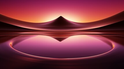 Poster - Beautiful landscape with a mountain in the background and a large body of water in the foreground. The water is a deep purple color, and the sky is a deep orange color. The image has a serene