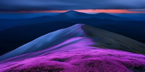 Aufkleber - Beautiful purple mountain landscape with a purple hillside. The sky is a deep blue color with a few clouds