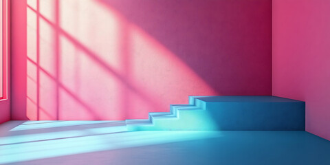 Poster - Abstract room corner with blue steps and pink wall radiating light effects for product mockup backdrop