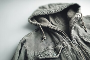 Poster - A close-up shot of a stylish olive green hooded jacket with zipper and drawstrings, showcasing its texture and design against a clean, minimalist background.