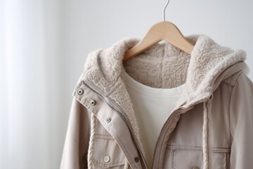 Poster - A stylish beige hooded jacket with a cozy sherpa lining, hanging on a wooden hanger against a clean white background, showcasing casual autumn fashion and comfort.