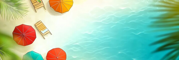 Wall Mural - Beach Umbrella Relaxation Scene Illustration - Summer vacation, tropical beach, relaxation, colorful umbrellas, ocean view. Symbolizes tranquility, escape, fun, warmth, and paradise