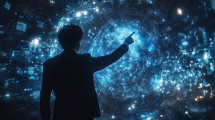 Poster - Man interacting with futuristic interface ai data visualization technology innovation concept 3d render