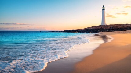 Wall Mural - El Toston Lighthouse Sunset Beach Scene - Serene sunset view of El Toston Lighthouse on a tranquil beach, symbolizing peace, hope, guidance, adventure, and serenity