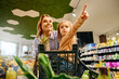 © Valerii Apetroaiei - Girl pointing at product while sitting in shopping cart with smiling mother in grocery store