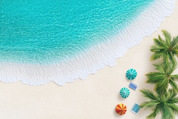 Wall Mural - Serene Tropical Beach View - Relaxing beach scene, turquoise water, white sand, palm trees, beach umbrellas. Symbolizes peace, escape, summer, paradise, vacation