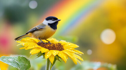 Poster - Bird perched on sunflower blossom in vibrant rainbow garden nature photography wallpaper background 4k