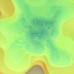 Poster - Abstract illustration of organic shapes smoothly flowing into a complex pattern. The color palette combines rich yellows, greens and purples to create a fluid effect. 3d rendering