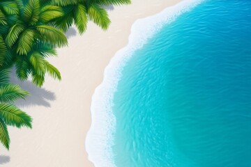 Wall Mural - Tropical Beach View From Above - Serene beach scene, palm trees, turquoise water, white sand, summer vacation. Symbolizing relaxation, escape, paradise, tranquility, and warmth