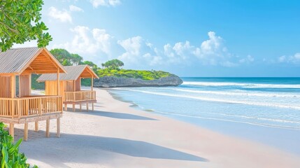 Wall Mural - Tropical Beachfront Cabanas - Two charming wooden cabanas sit on a pristine beach, overlooking a calm ocean under a vibrant blue sky. Perfect for a relaxing getaway