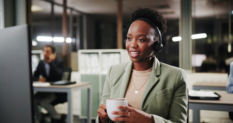 Aufkleber - Coffee, woman or computer for customer service help, sales consulting or loan advice in night. Call center, coworking or financial advisor in office with tea beverage for feedback or banking limit