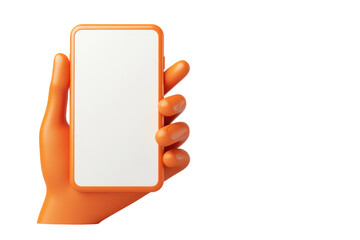 Poster - Hand Holding Blank Mobile Phone, Orange Stylized Render on Dark Background, App Concept