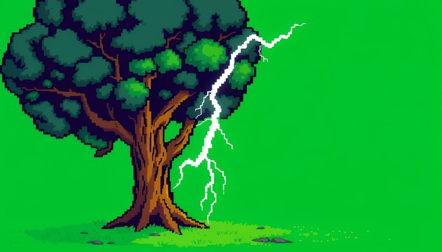 Pixelated Tree Struck by Lightning with Green Screen Background Isometric 3D Isolated for Game Asset a Dramatic VFX Movie Element Isolated by Green Screen on Lush Green Foliage