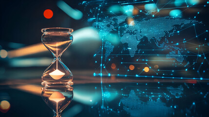 Aufkleber - Hourglass and Digital World Map: Time, Data, and Global Connections