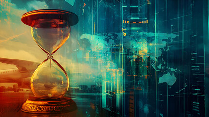 Poster - Hourglass and Global Cityscape at Sunset: Time, Technology and Progress