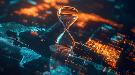 Aufkleber - Hourglass on Digital World Map: Global Time and Data Visualization