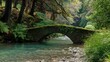 © paul - A serene stone bridge gracefully arches over a flowing river, surrounded by lush greenery. The scene embodies tranquility and natural beauty
