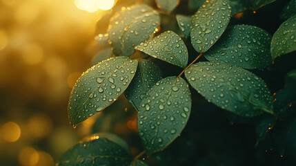 Poster - fresh green leaves with water droplets glistening in the sunlight nature photography background imag