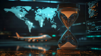 Aufkleber - Hourglass with World Map and Airplane Background