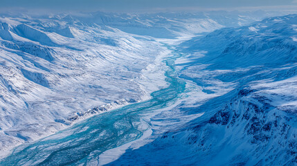 Aufkleber - Aerial view of a glacial river winding through snow-covered mountains, showcasing a serene winter landscape, representing the power and beauty of nature