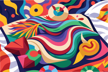 Poster - Colorful vector illustration of a whimsical bedroom featuring a vibrant bedspread, decorative pillows, and swirling patterns reminiscent of a dreamy atmosphere