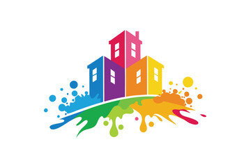 Poster - Vibrant vector illustration of a colorful building with splashes of rainbow colors representing creativity and artistic expression in a modern urban setting