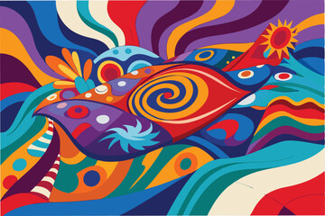 Poster - Colorful vector illustration of a whimsical bedroom featuring a vibrant bedspread, decorative pillows, and swirling patterns reminiscent of a dreamy atmosphere