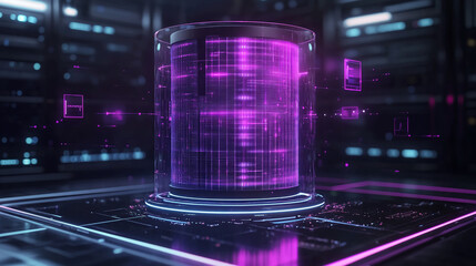 Poster - Futuristic data storage cylinder with purple neon lights and digital technology background concept design