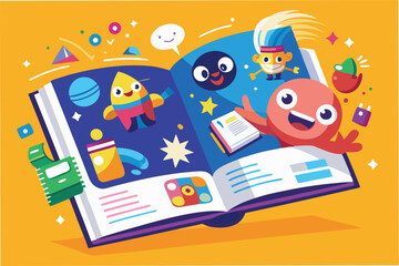 Poster - Colorful characters and joyful expressions in a vector illustration of an open storybook filled with playful designs and vibrant shapes, showcasing creativity and imagination