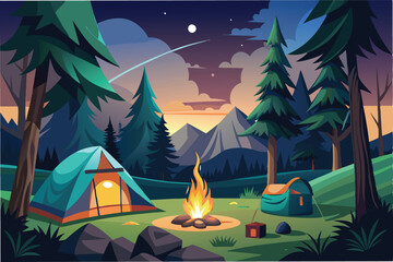 Poster - Illustration of a peaceful campsite under a starry night sky with a glowing campfire, a tent, and surrounding pine trees in a serene natural setting