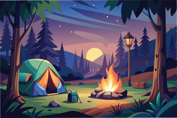 Poster - Illustration of a peaceful campsite under a starry night sky with a glowing campfire, a tent, and surrounding pine trees in a serene natural setting