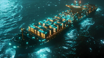 Poster - Illuminated Container Ship at Sea at Night