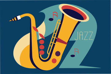 Leinwandbilder - Colorful vector illustration of a saxophone with musical notes set against a geometric background