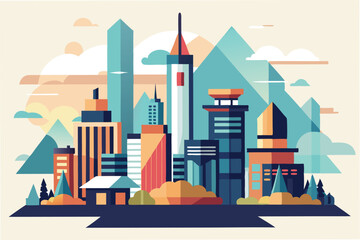 Poster - Colorful vector illustration of a modern city skyline with geometric buildings, clouds, and a sunset in a vibrant color palette