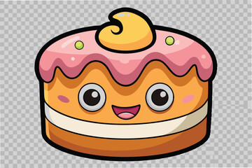 Poster - Cute vector illustration of a happy cartoon cake with colorful icing and a smile, perfect for children's party themes or dessert-related designs