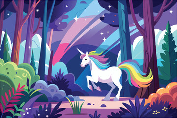 Poster - Colorful unicorn strolling through a magical forest under a rainbow and twinkling stars at dusk