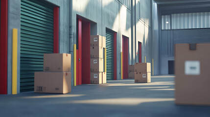 Aufkleber - Industrial Warehouse Interior with Cardboard Boxes and Sunlight