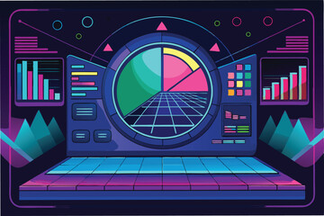 Aufkleber - Futuristic data visualization station with vibrant graphics and interactive elements for analyzing trends and statistics in a digital environment