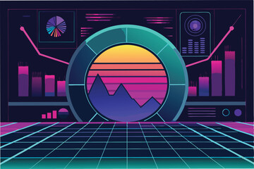 Aufkleber - Futuristic data visualization station with vibrant graphics and interactive elements for analyzing trends and statistics in a digital environment